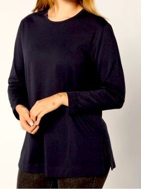 NWT QVC Denim & Co Black Cotton Jersey Knit  Side Slit Tunic Top / Medium